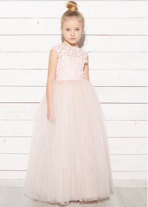 Blush Pink Lace Tulle 3D Flowers Floor Lnegth Flower Girl Dress